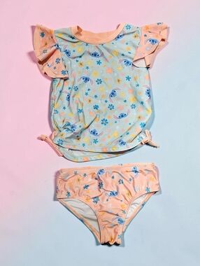 Girls' Two-Piece Swim Set with Cartoon Stitch Print - Peach & Light Blue.Size 4T